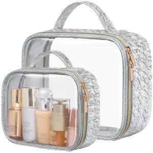 PACKISM TSA Approved Toiletry Bag - Ruched Textured Clear Makeup Bag, Metallic Silver, with 180° Large Opening and Supporting Frame, Perfect for Travel Essentials, Thick No Smell