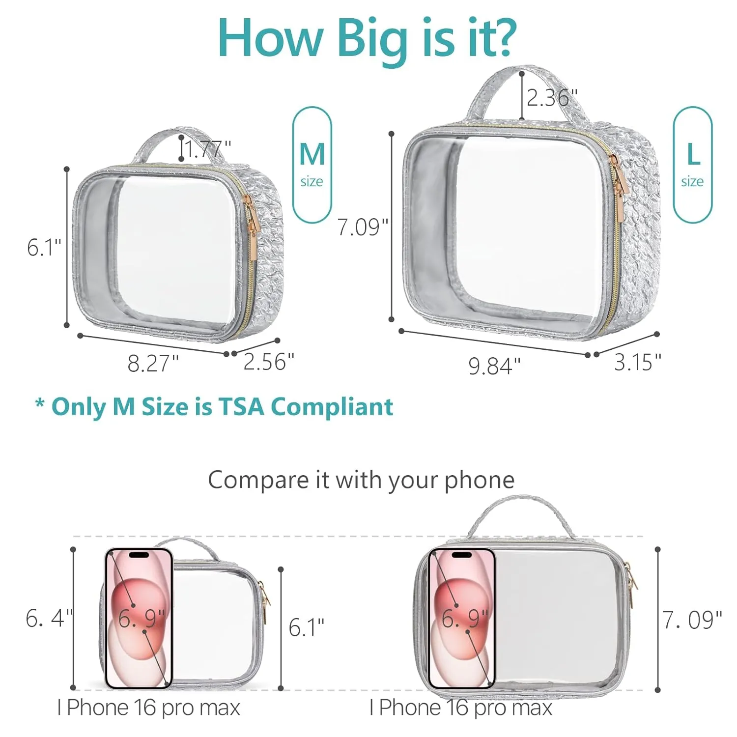 PACKISM TSA Approved Toiletry Bag - Ruched Textured Clear Makeup Bag, Metallic Silver, with 180° Large Opening and Supporting Frame, Perfect for Travel Essentials, Thick No Smell