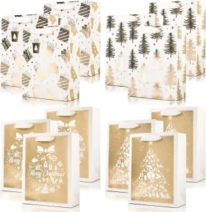 PAPER FAIR 12Pcs Metallic Gold White Christmas Gift Bags Bulk, Medium 9x7 In, Gilded Xmas Tree Gift Wrap Bags, Golden Foiled Paper Favor Bag Gift Packaging for Thanksgiving Holiday New Year Party