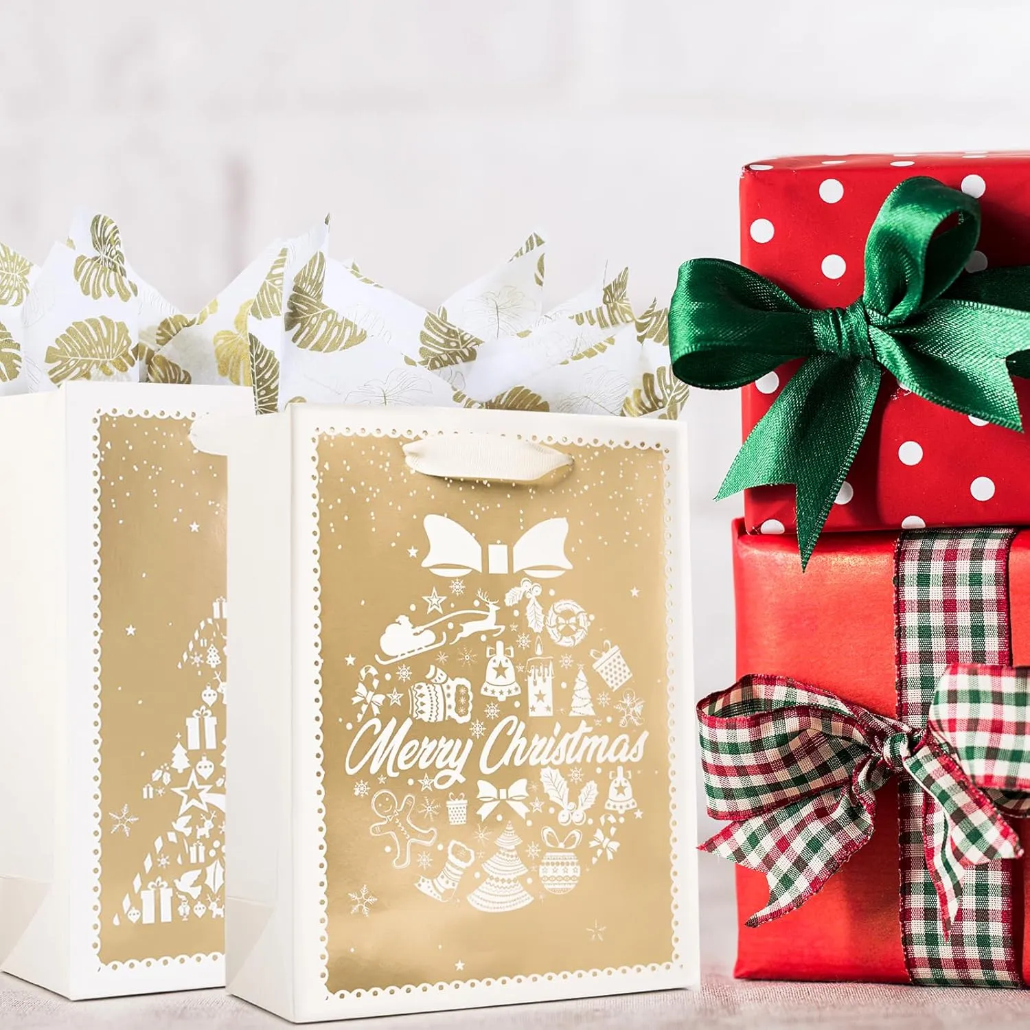 PAPER FAIR 12Pcs Metallic Gold White Christmas Gift Bags Bulk, Medium 9x7 In, Gilded Xmas Tree Gift Wrap Bags, Golden Foiled Paper Favor Bag Gift Packaging for Thanksgiving Holiday New Year Party