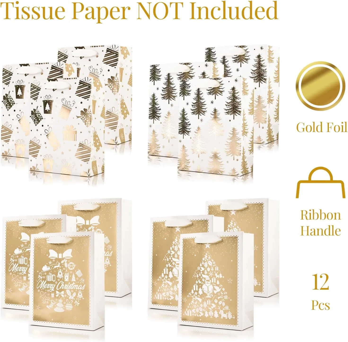 PAPER FAIR 12Pcs Metallic Gold White Christmas Gift Bags Bulk, Medium 9x7 In, Gilded Xmas Tree Gift Wrap Bags, Golden Foiled Paper Favor Bag Gift Packaging for Thanksgiving Holiday New Year Party