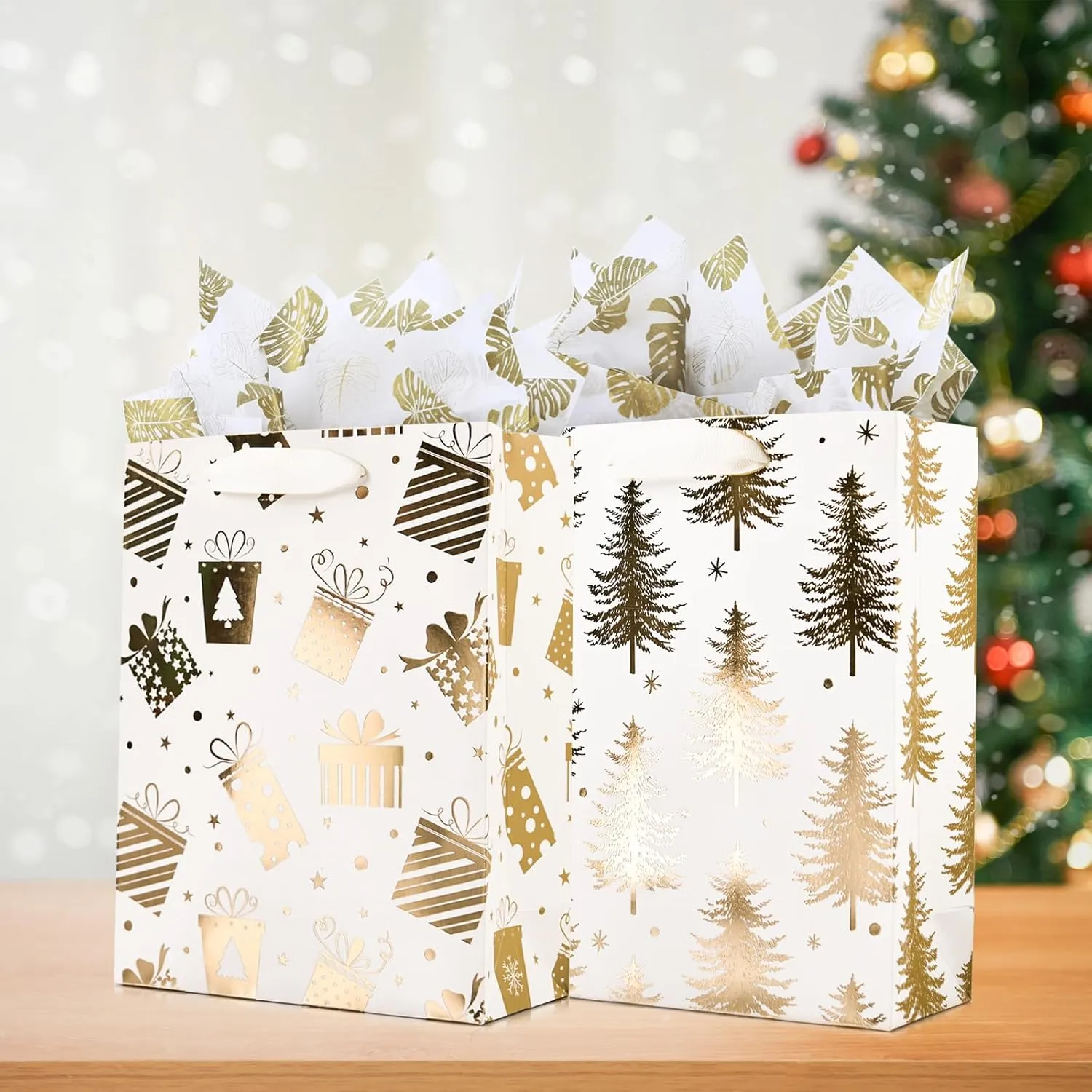 PAPER FAIR 12Pcs Metallic Gold White Christmas Gift Bags Bulk, Medium 9x7 In, Gilded Xmas Tree Gift Wrap Bags, Golden Foiled Paper Favor Bag Gift Packaging for Thanksgiving Holiday New Year Party