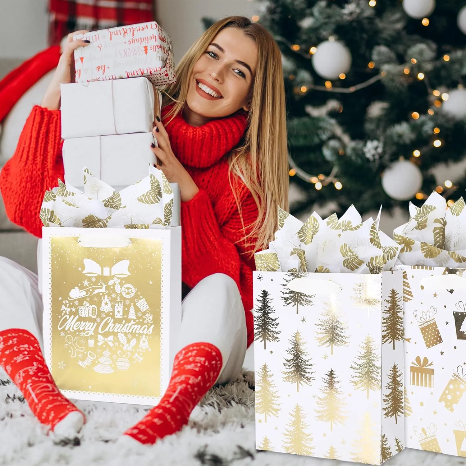 PAPER FAIR 12Pcs Metallic Gold White Christmas Gift Bags Bulk, Medium 9x7 In, Gilded Xmas Tree Gift Wrap Bags, Golden Foiled Paper Favor Bag Gift Packaging for Thanksgiving Holiday New Year Party