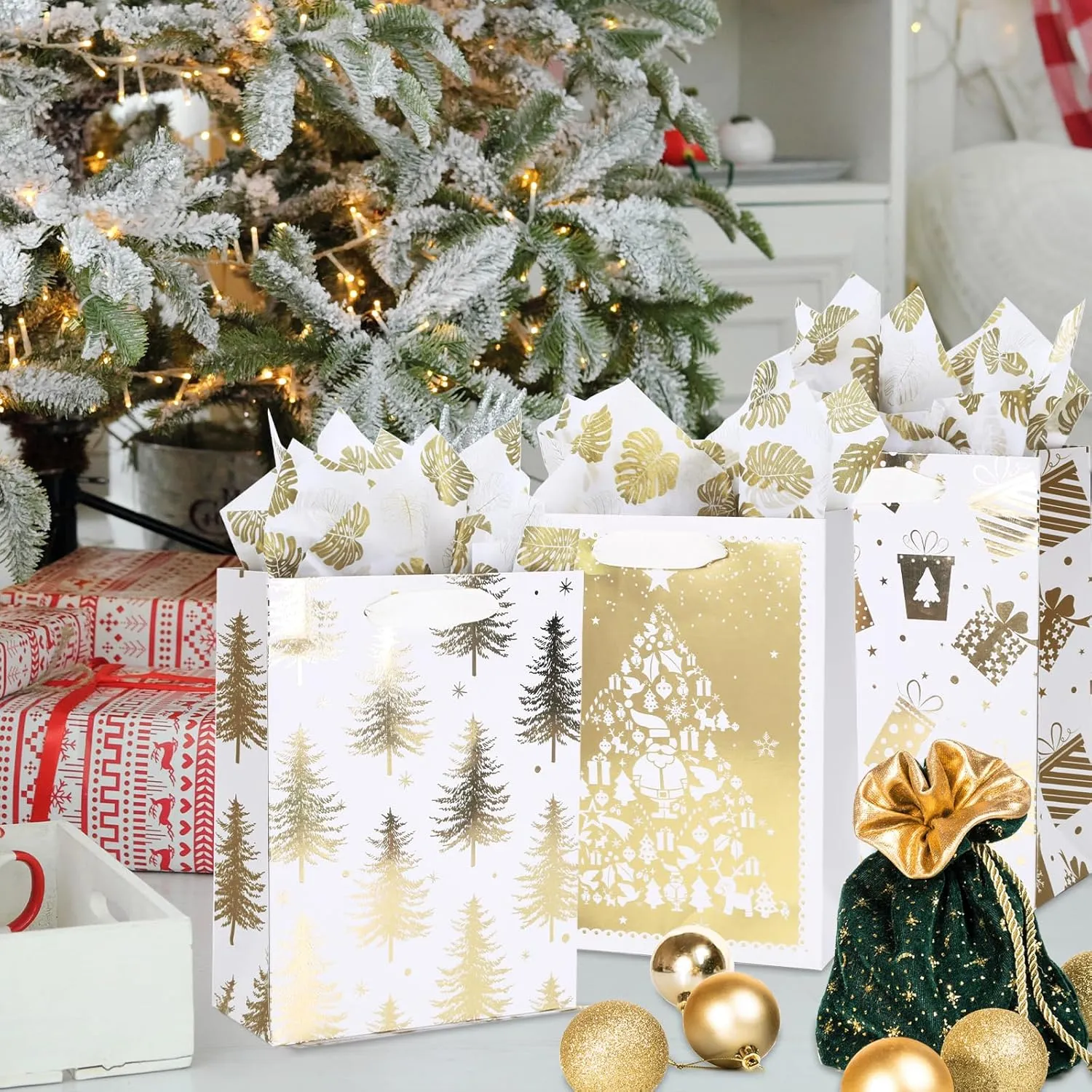 PAPER FAIR 12Pcs Metallic Gold White Christmas Gift Bags Bulk, Medium 9x7 In, Gilded Xmas Tree Gift Wrap Bags, Golden Foiled Paper Favor Bag Gift Packaging for Thanksgiving Holiday New Year Party