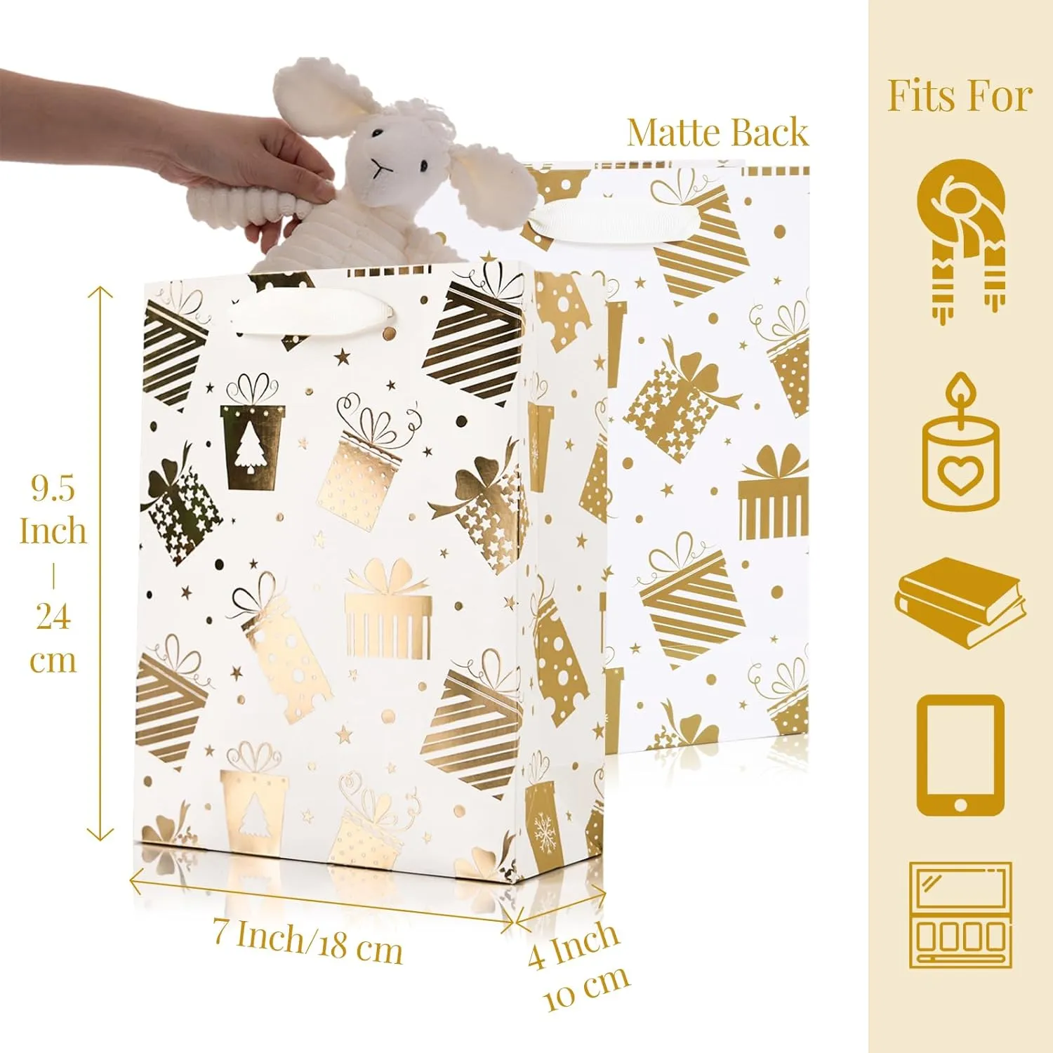 PAPER FAIR 12Pcs Metallic Gold White Christmas Gift Bags Bulk, Medium 9x7 In, Gilded Xmas Tree Gift Wrap Bags, Golden Foiled Paper Favor Bag Gift Packaging for Thanksgiving Holiday New Year Party