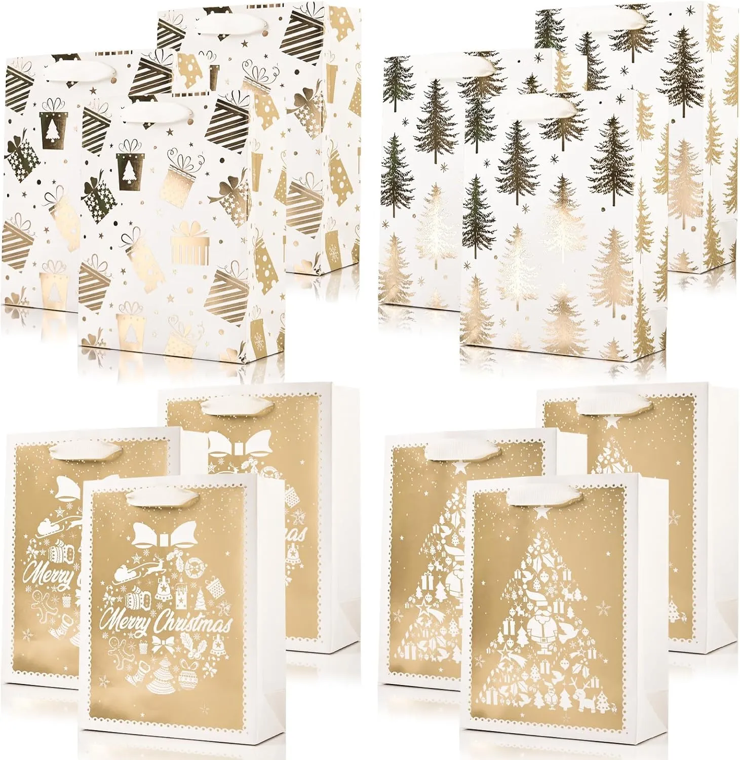 PAPER FAIR 12Pcs Metallic Gold White Christmas Gift Bags Bulk, Medium 9x7 In, Gilded Xmas Tree Gift Wrap Bags, Golden Foiled Paper Favor Bag Gift Packaging for Thanksgiving Holiday New Year Party