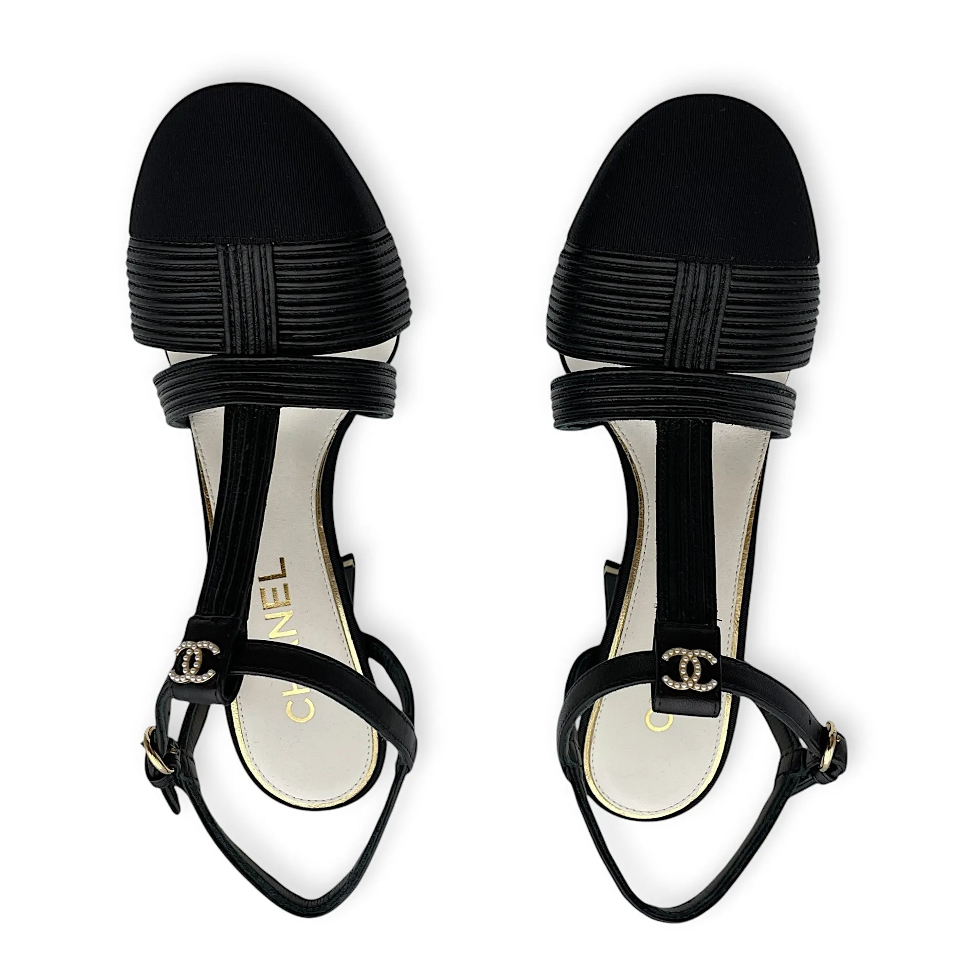 Pearl CC Strappy (10cm) 37.5C Black Heels in Lambskin, grosgrain, pearls, Gold hardware