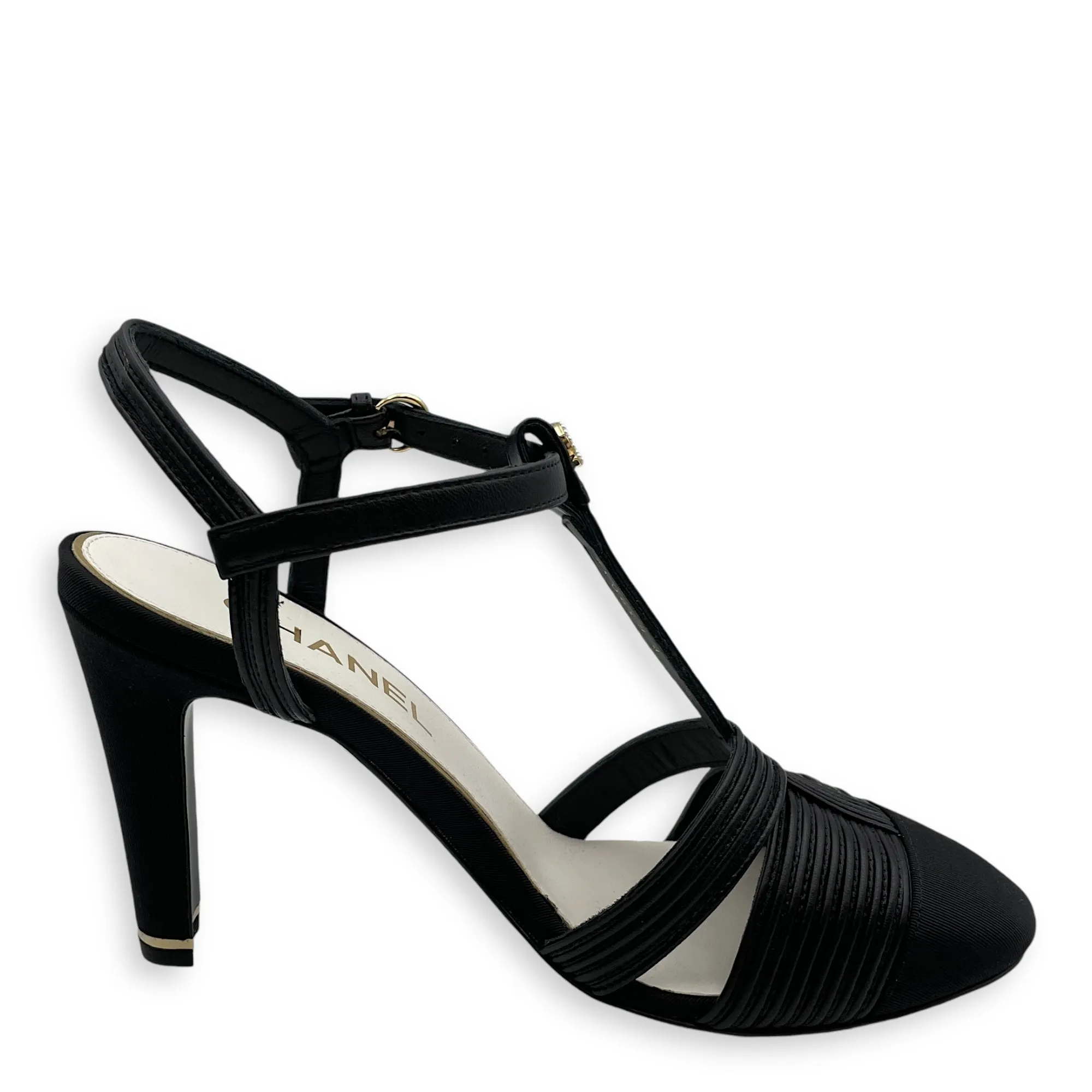 Pearl CC Strappy (10cm) 37.5C Black Heels in Lambskin, grosgrain, pearls, Gold hardware