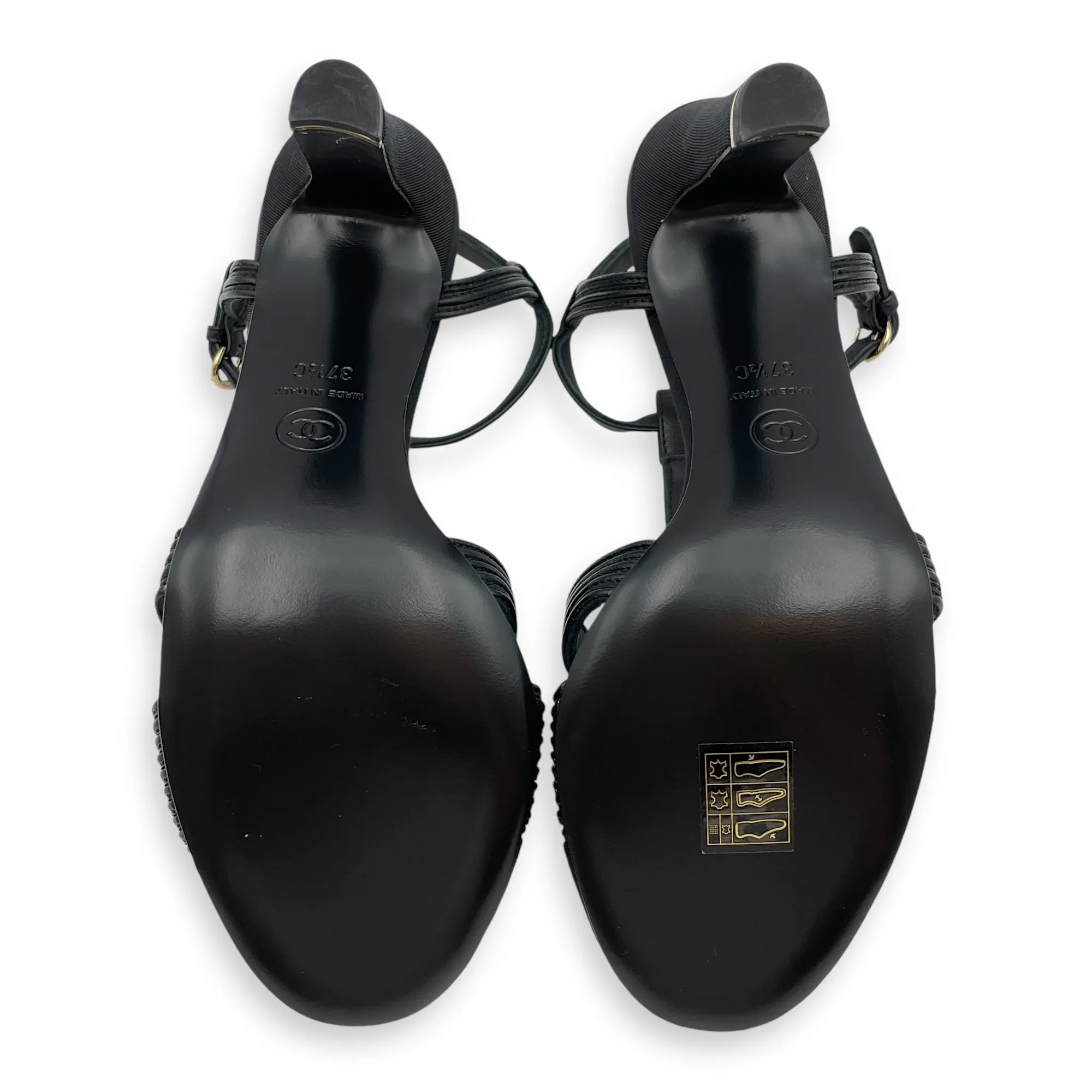 Pearl CC Strappy (10cm) 37.5C Black Heels in Lambskin, grosgrain, pearls, Gold hardware