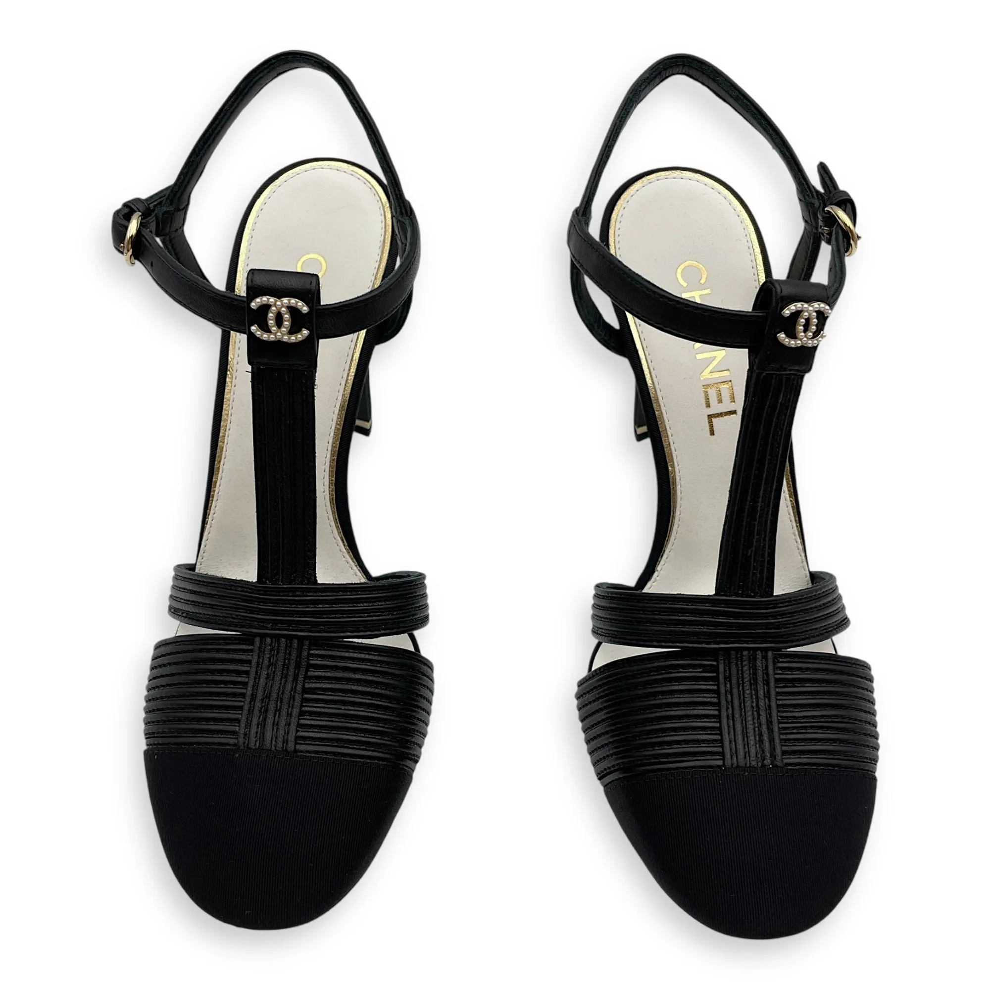 Pearl CC Strappy (10cm) 37.5C Black Heels in Lambskin, grosgrain, pearls, Gold hardware