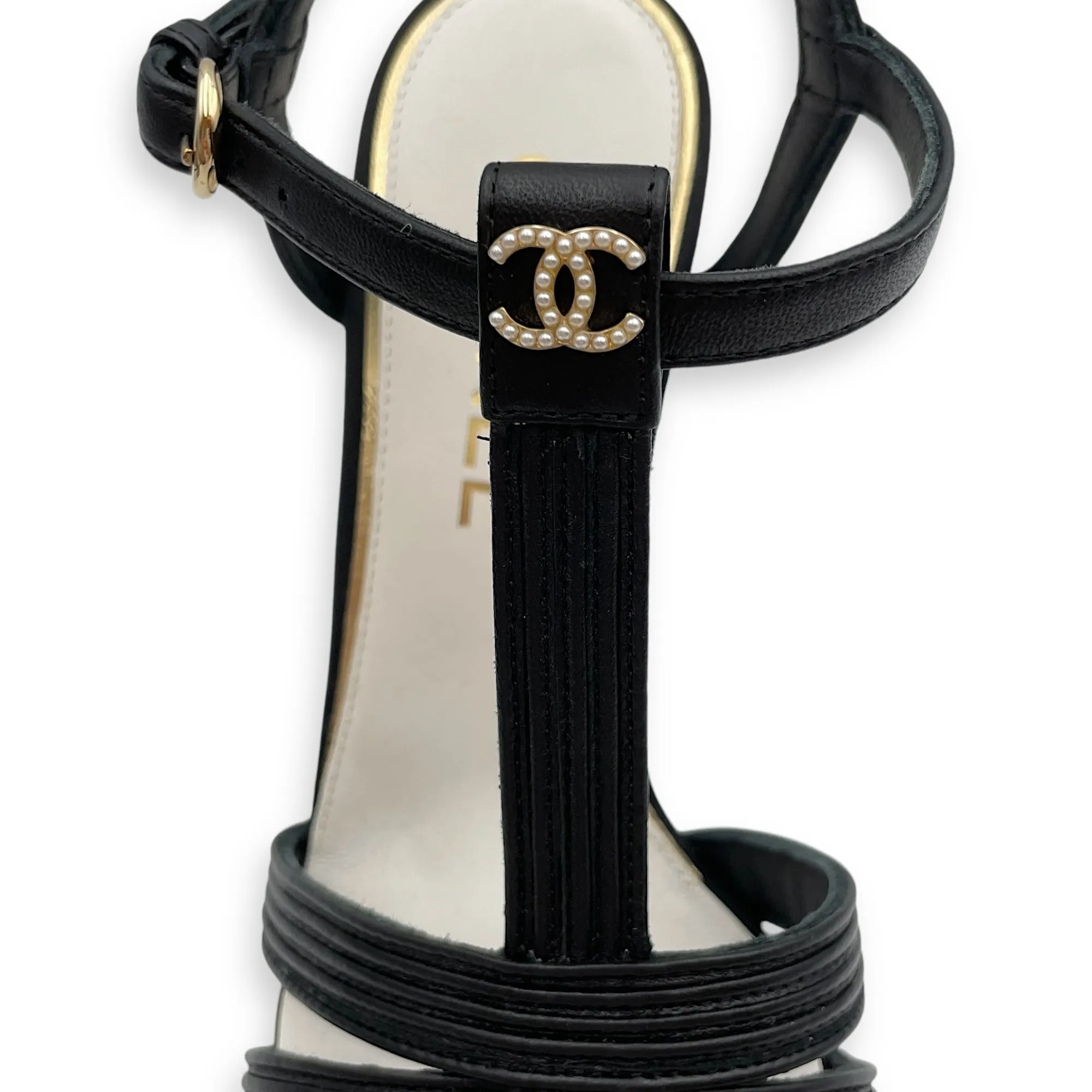 Pearl CC Strappy (10cm) 37.5C Black Heels in Lambskin, grosgrain, pearls, Gold hardware