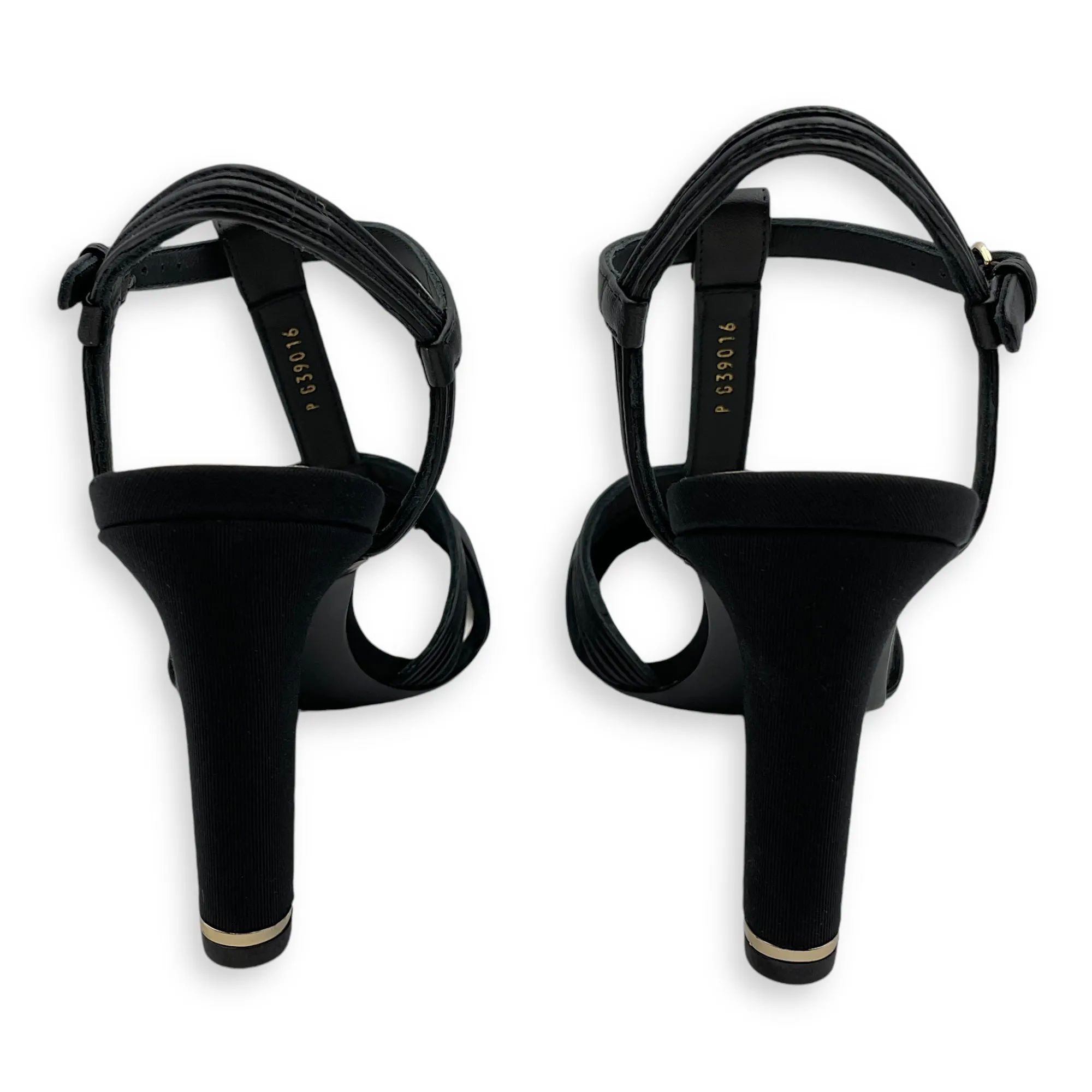 Pearl CC Strappy (10cm) 37.5C Black Heels in Lambskin, grosgrain, pearls, Gold hardware