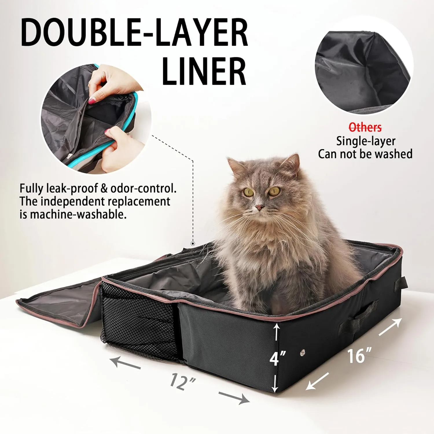 PETKARAY Travel Litter Box, Cat Portable Litter Box, Foldable Travel Box for Kitty in Car, Includes Replacement Liner with Collapsible Zipped Lid