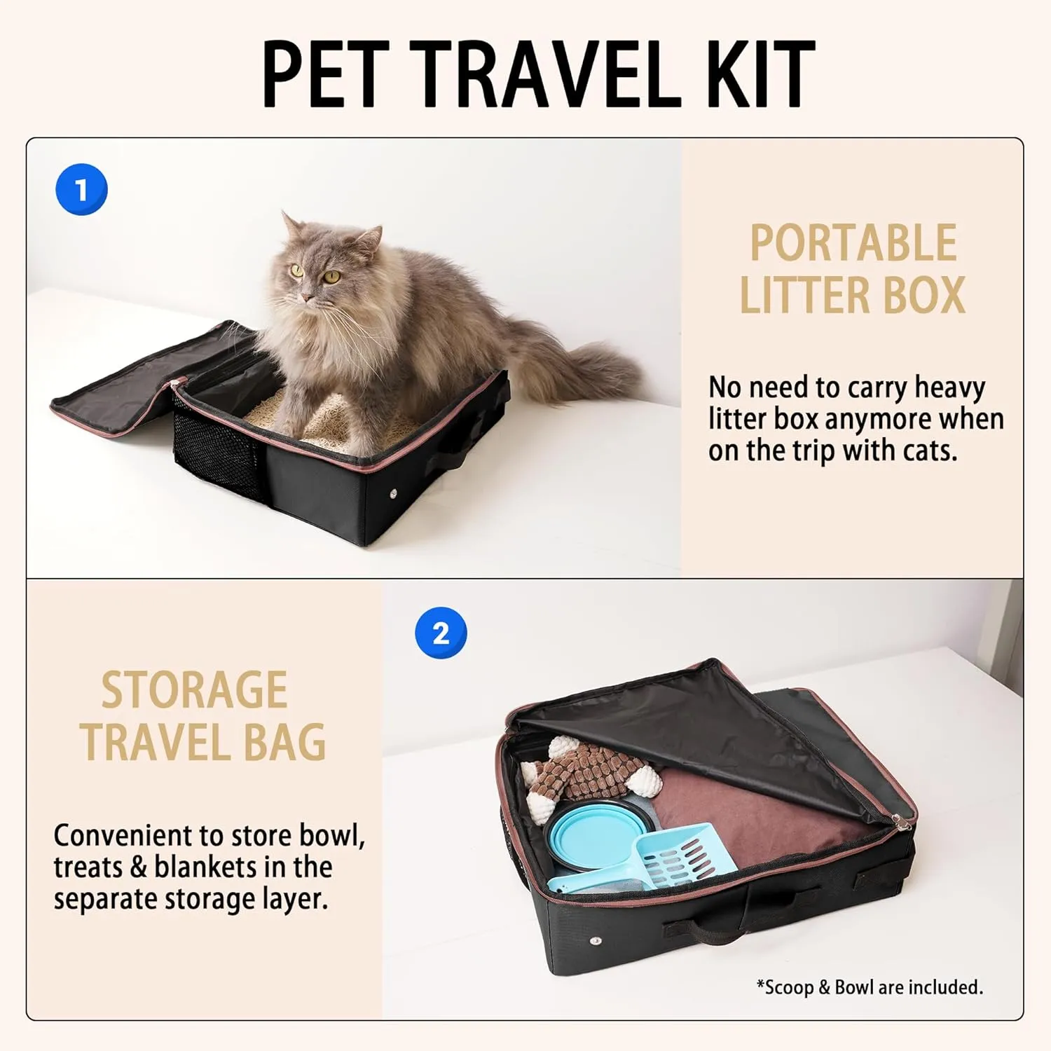 PETKARAY Travel Litter Box, Cat Portable Litter Box, Foldable Travel Box for Kitty in Car, Includes Replacement Liner with Collapsible Zipped Lid