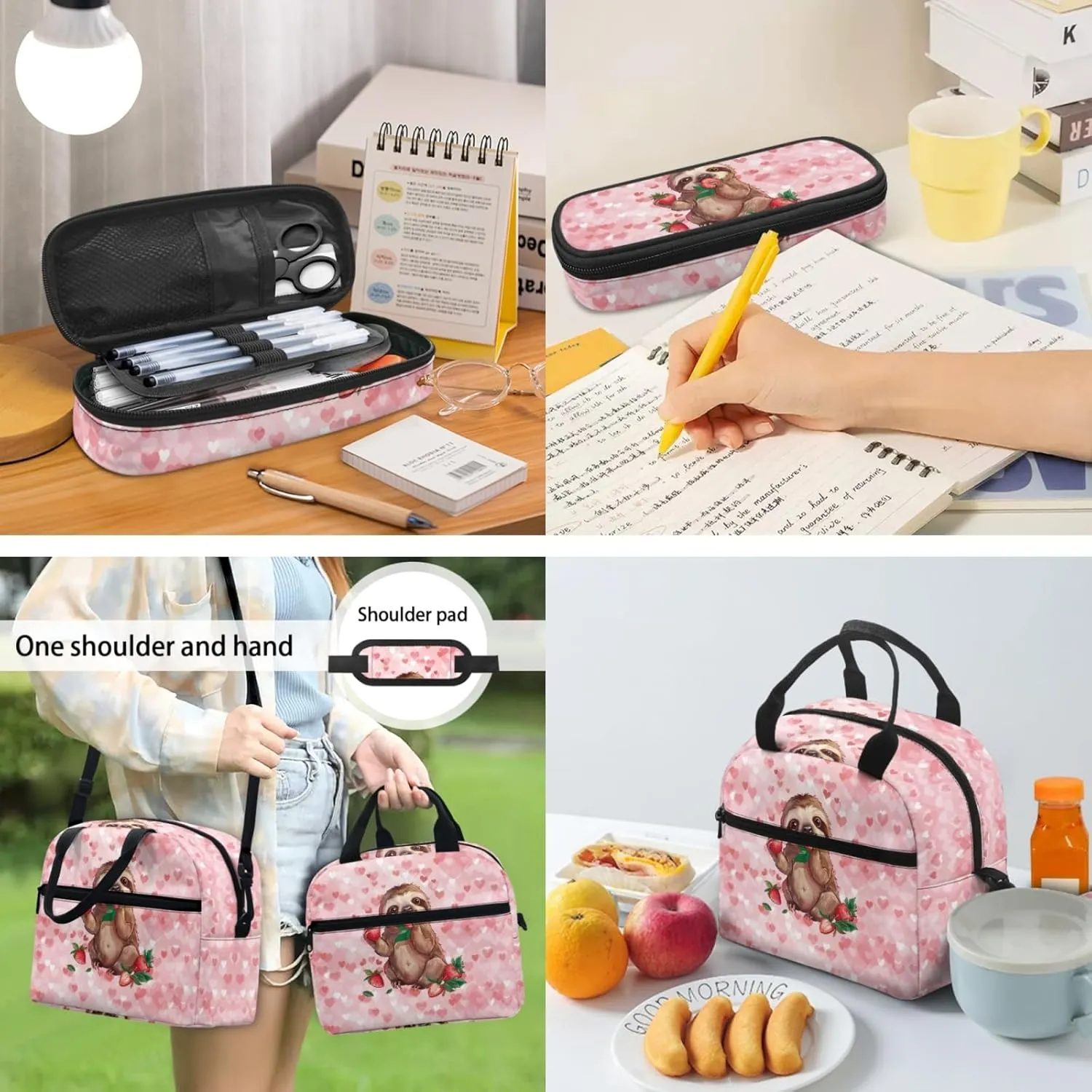 Pink Backpacks for Girls Boys Kids Greedy Sloth Print School Book Bag Casual Large Capacity Travel Daypack Elementary Middle School Backpack Set 3 Piece School Supplies