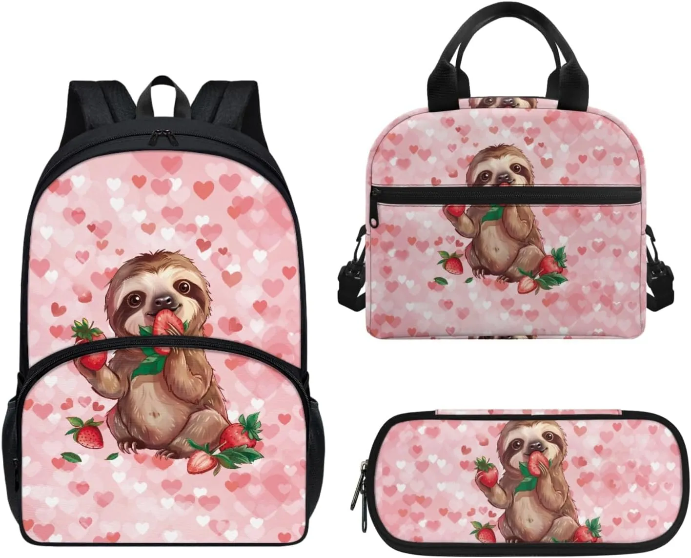 Pink Backpacks for Girls Boys Kids Greedy Sloth Print School Book Bag Casual Large Capacity Travel Daypack Elementary Middle School Backpack Set 3 Piece School Supplies