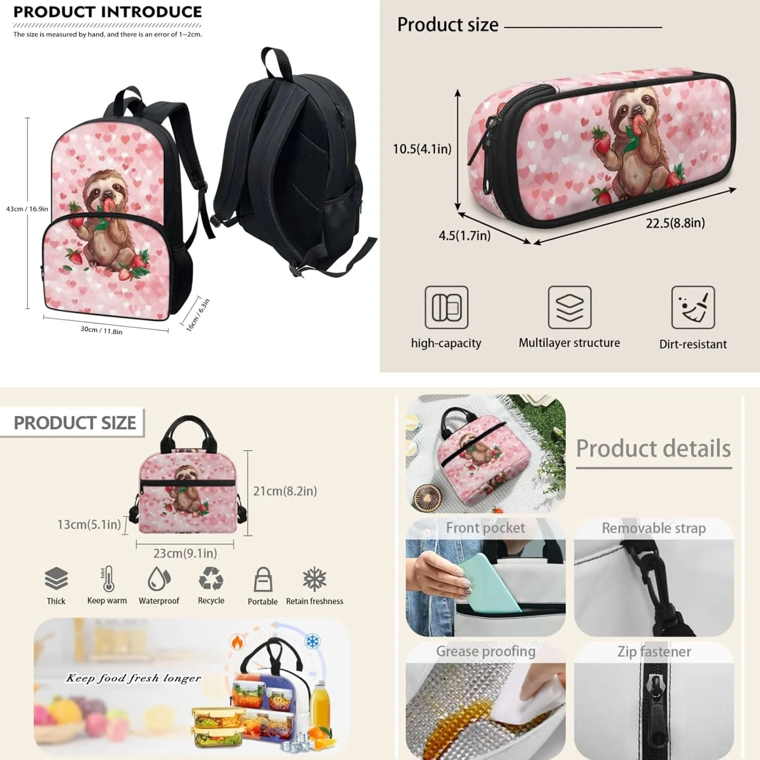 Pink Backpacks for Girls Boys Kids Greedy Sloth Print School Book Bag Casual Large Capacity Travel Daypack Elementary Middle School Backpack Set 3 Piece School Supplies