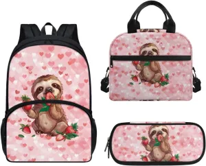 Pink Backpacks for Girls Boys Kids Greedy Sloth Print School Book Bag Casual Large Capacity Travel Daypack Elementary Middle School Backpack Set 3 Piece School Supplies