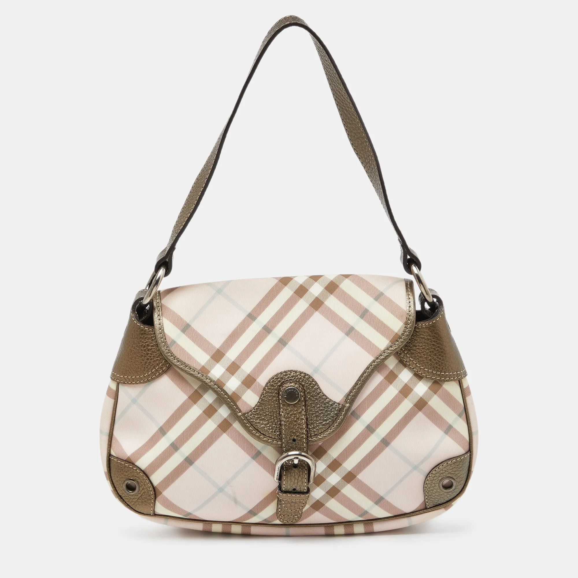 Pink/Metallic House Check PVC and Leather Buckle Flap Hobo