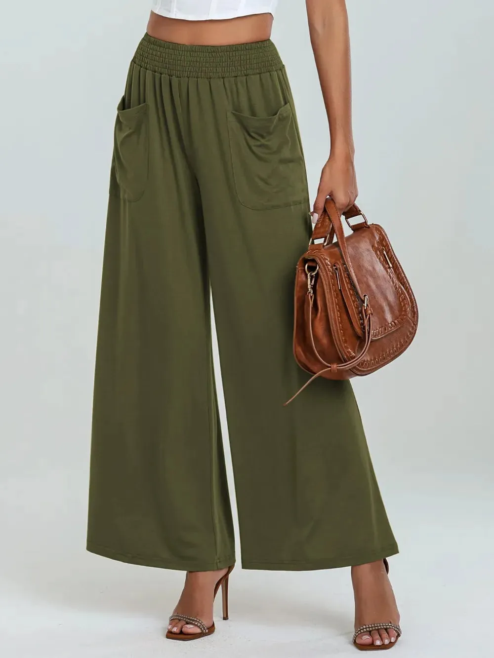 Pocketed Elastic Waist Wide Leg Pants