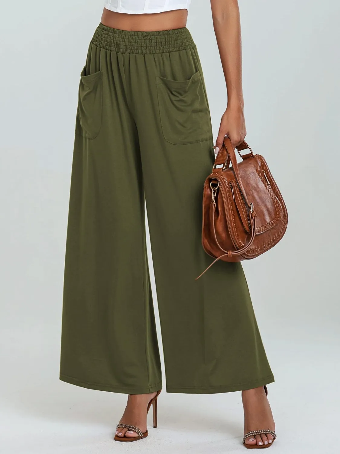 Pocketed Elastic Waist Wide Leg Pants