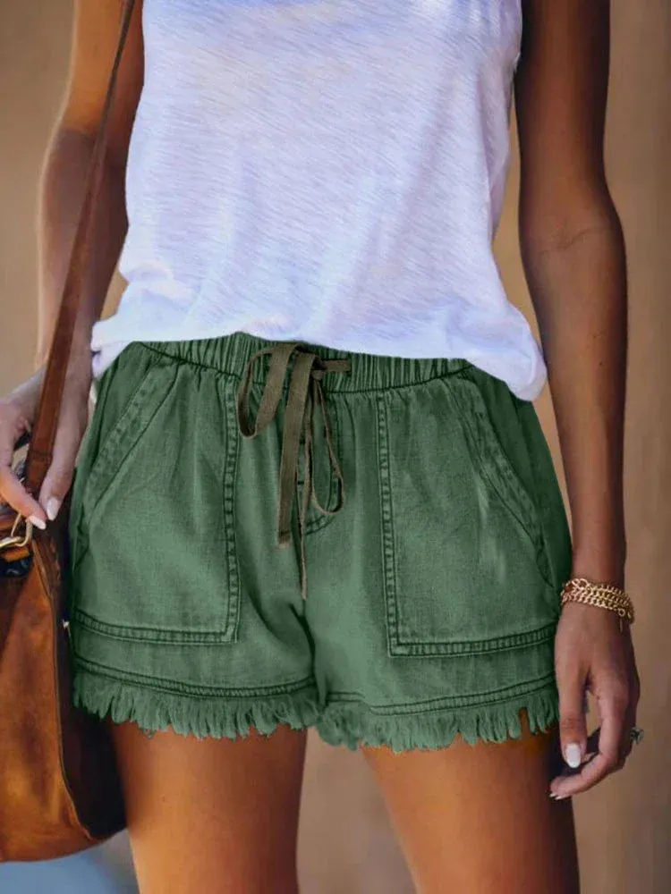 Pocketed Frayed Denim Shorts