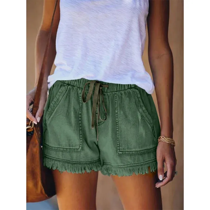 Pocketed Frayed Denim Shorts