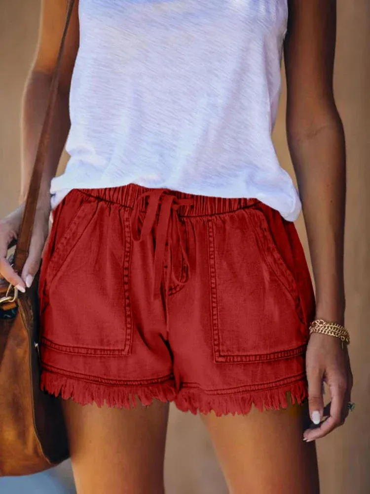 Pocketed Frayed Denim Shorts