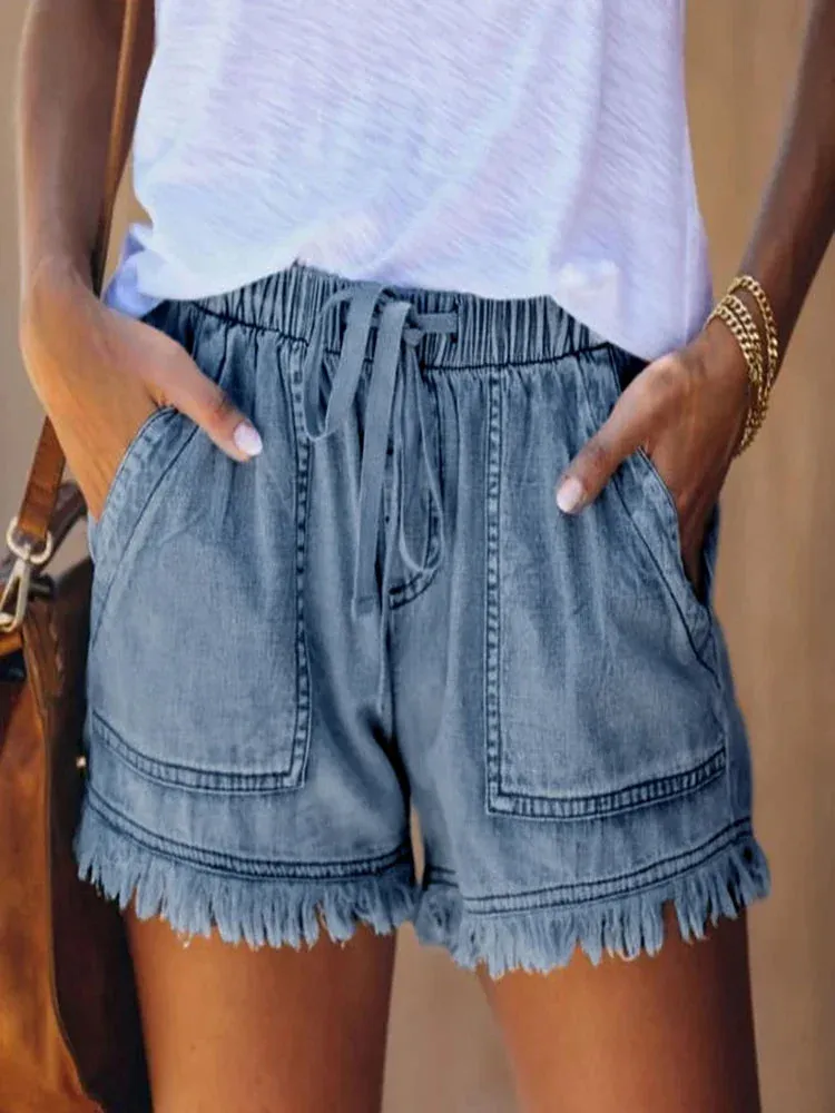 Pocketed Frayed Denim Shorts