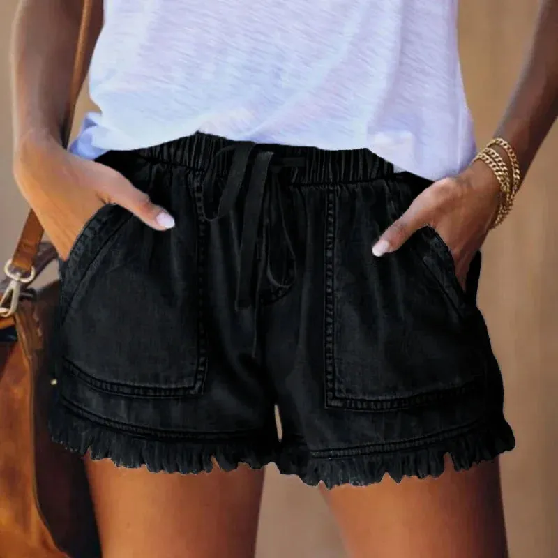 Pocketed Frayed Denim Shorts