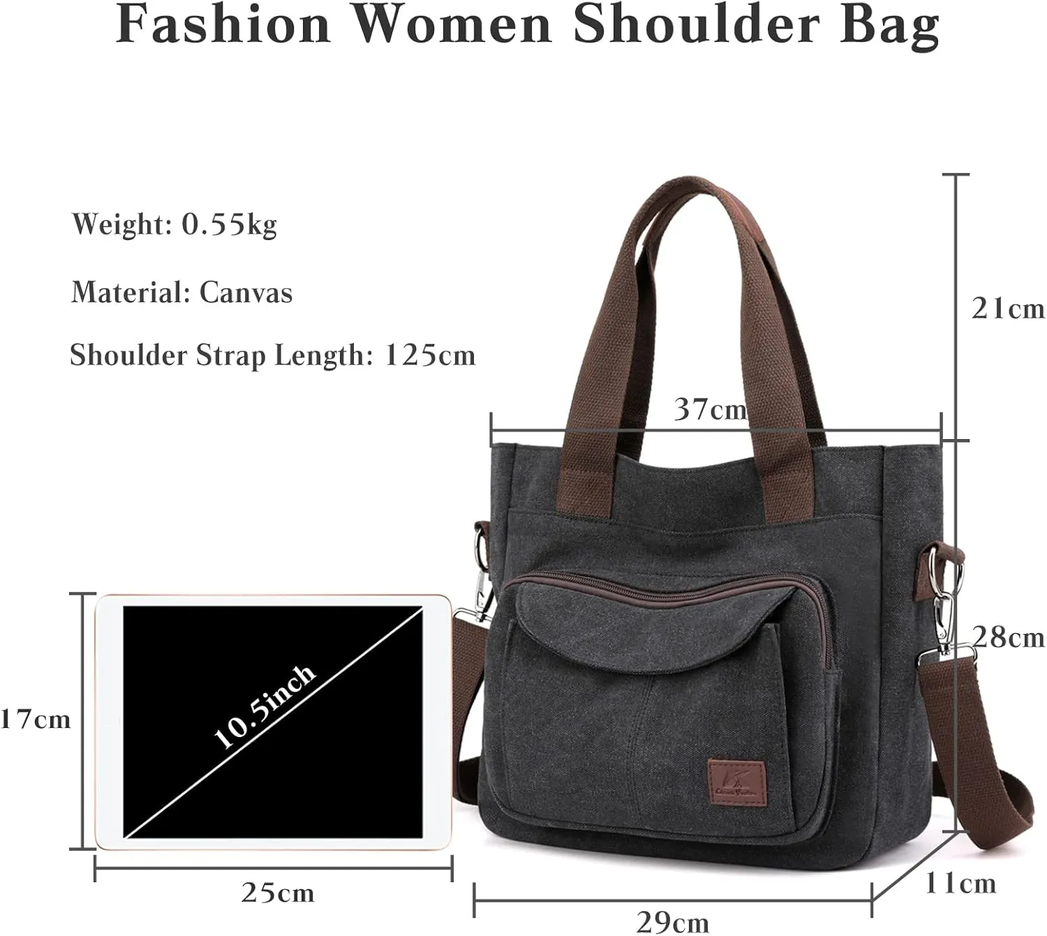 PORRASSO Women Crossbody Bag Canvas Shoulder Bag Tote Ladies Handbag Satchel Messenger Bag for Shopping Travel Work Daily Use Black