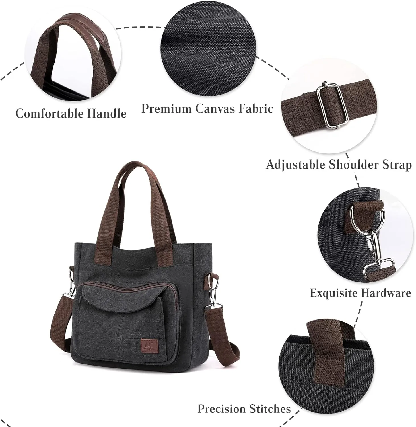 PORRASSO Women Crossbody Bag Canvas Shoulder Bag Tote Ladies Handbag Satchel Messenger Bag for Shopping Travel Work Daily Use Black
