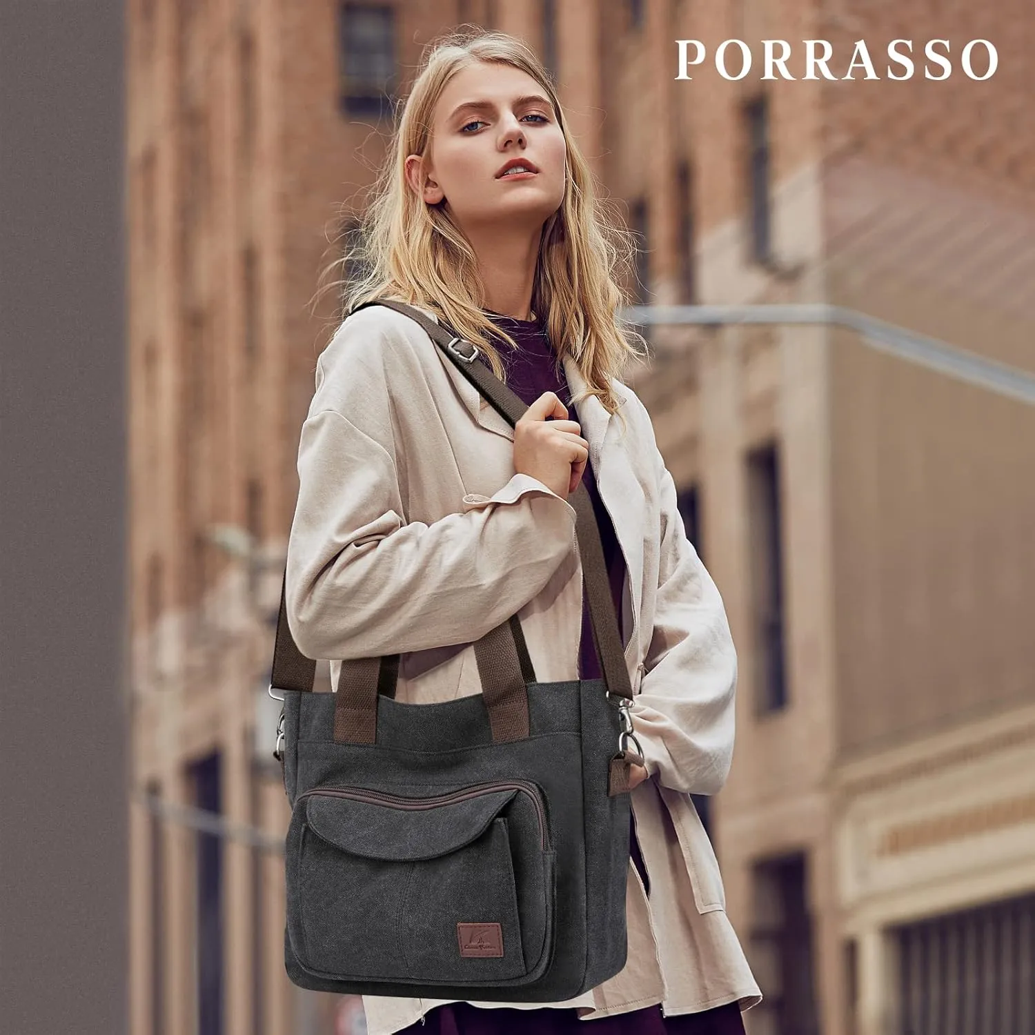 PORRASSO Women Crossbody Bag Canvas Shoulder Bag Tote Ladies Handbag Satchel Messenger Bag for Shopping Travel Work Daily Use Black
