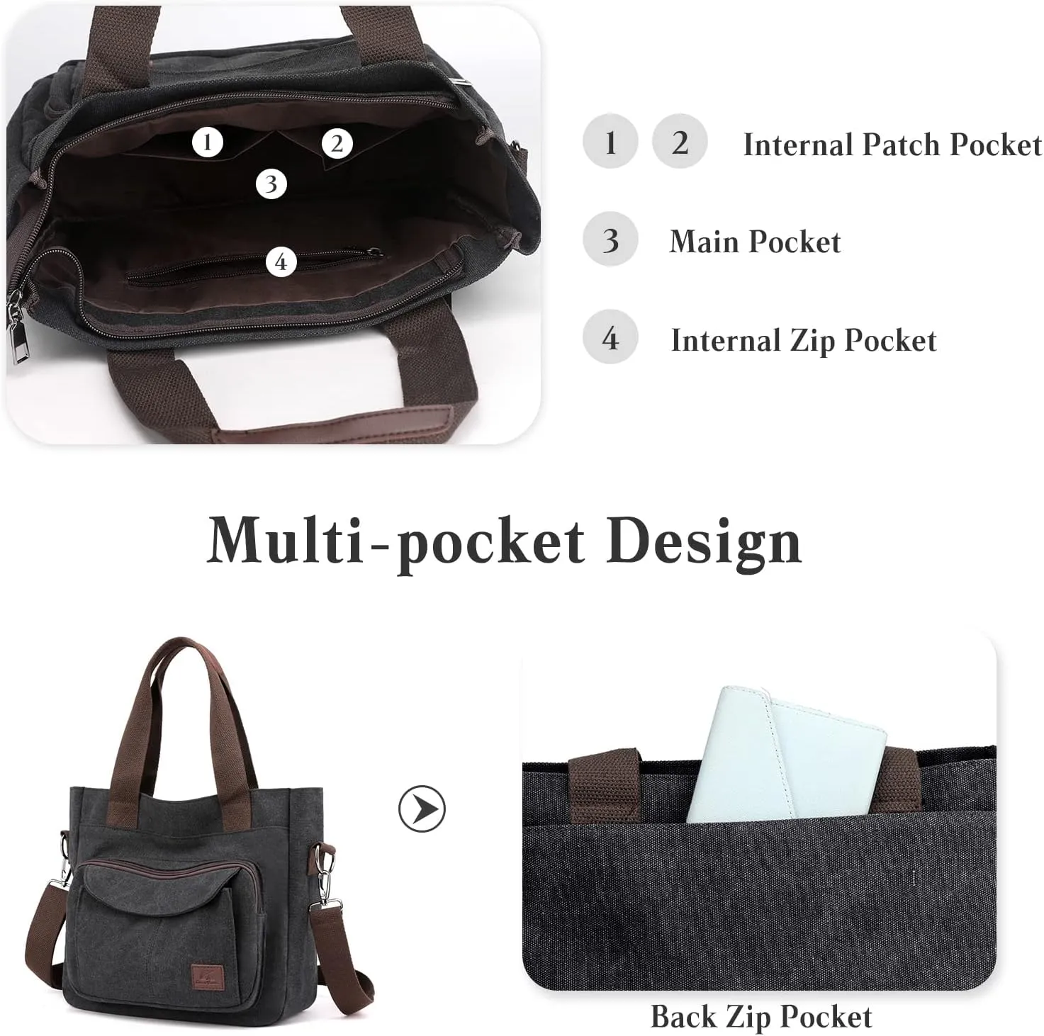 PORRASSO Women Crossbody Bag Canvas Shoulder Bag Tote Ladies Handbag Satchel Messenger Bag for Shopping Travel Work Daily Use Black