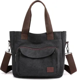 PORRASSO Women Crossbody Bag Canvas Shoulder Bag Tote Ladies Handbag Satchel Messenger Bag for Shopping Travel Work Daily Use Black
