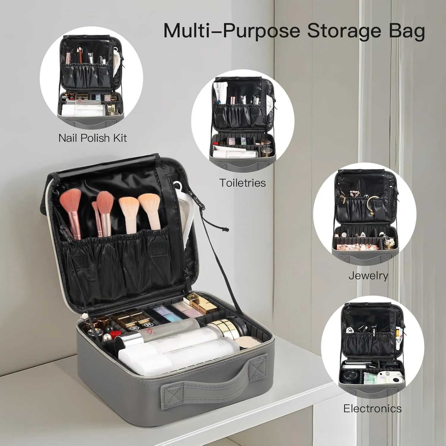 Portable Makeup Organizer, 10 Inch Makeup Organizer Bag with Compartment and Dividers, Makeup Bag with Brush Storage Sturdy Dual Zip Closure, Gift for Her, Grey