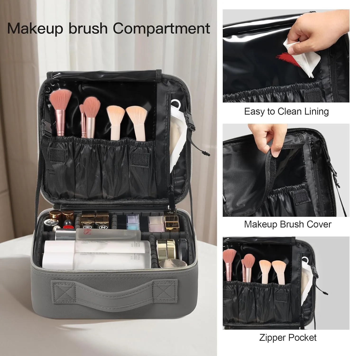Portable Makeup Organizer, 10 Inch Makeup Organizer Bag with Compartment and Dividers, Makeup Bag with Brush Storage Sturdy Dual Zip Closure, Gift for Her, Grey
