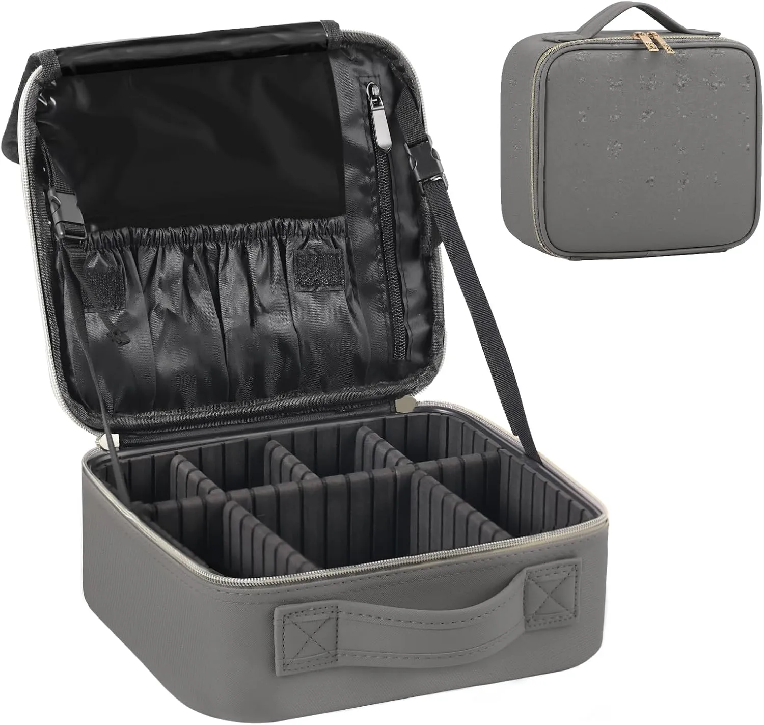 Portable Makeup Organizer, 10 Inch Makeup Organizer Bag with Compartment and Dividers, Makeup Bag with Brush Storage Sturdy Dual Zip Closure, Gift for Her, Grey