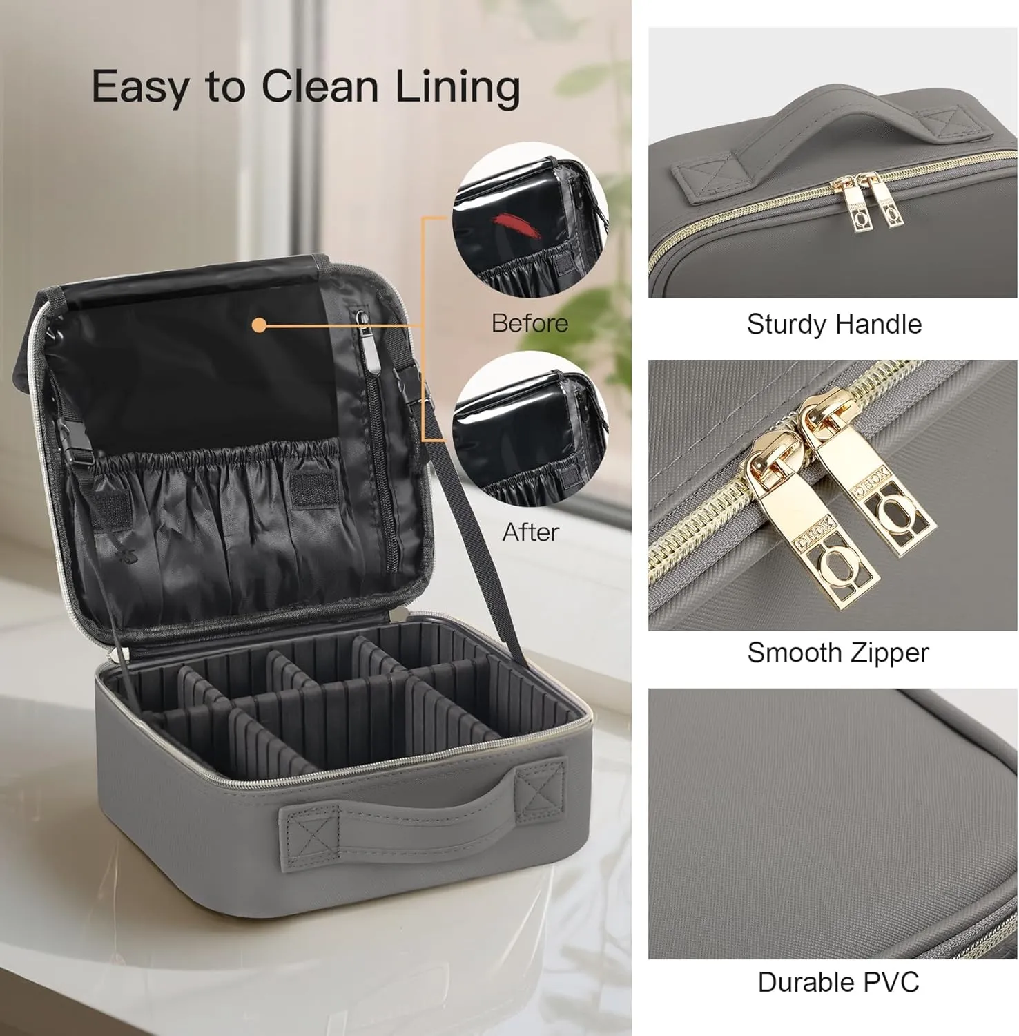 Portable Makeup Organizer, 10 Inch Makeup Organizer Bag with Compartment and Dividers, Makeup Bag with Brush Storage Sturdy Dual Zip Closure, Gift for Her, Grey