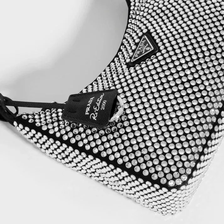 Prada Hobo Re-Edition 2000 Nylon With Crystals In Black