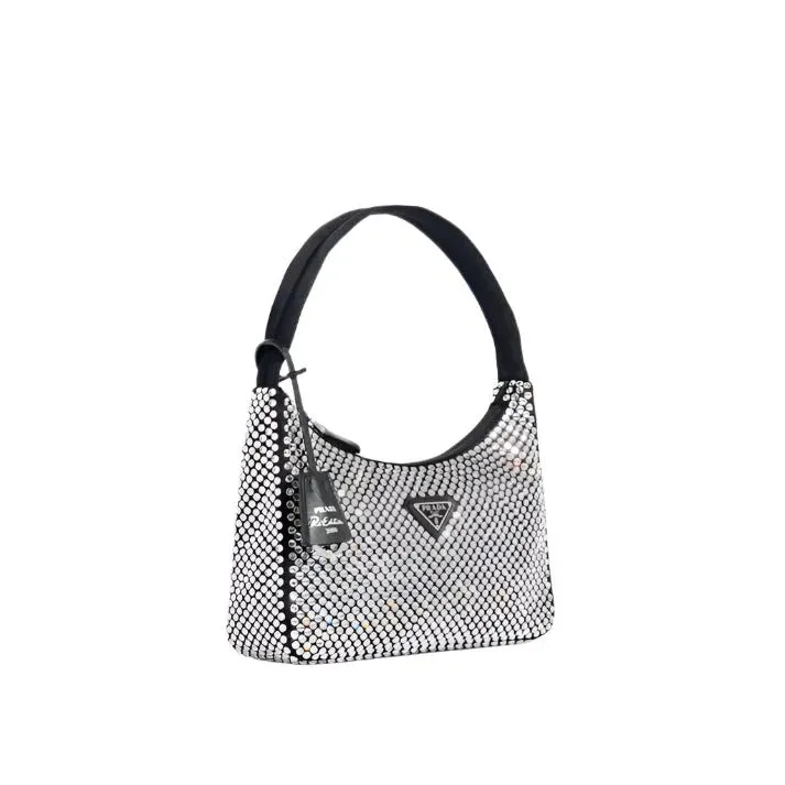 Prada Hobo Re-Edition 2000 Nylon With Crystals In Black