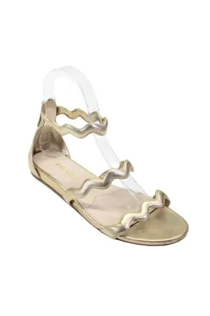 Prada Women's Open Toe Strappy Zip Closure Flat Sandals Gold