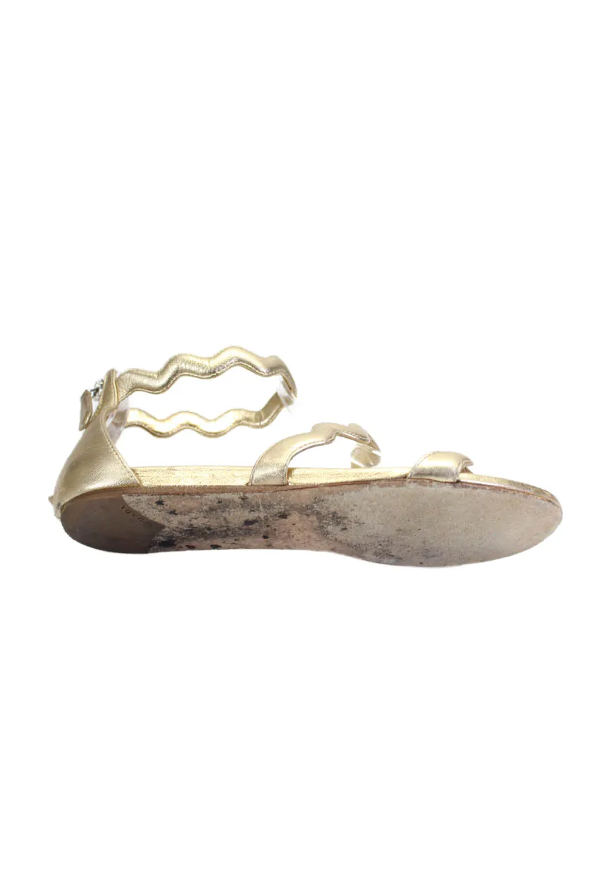 Prada Women's Open Toe Strappy Zip Closure Flat Sandals Gold