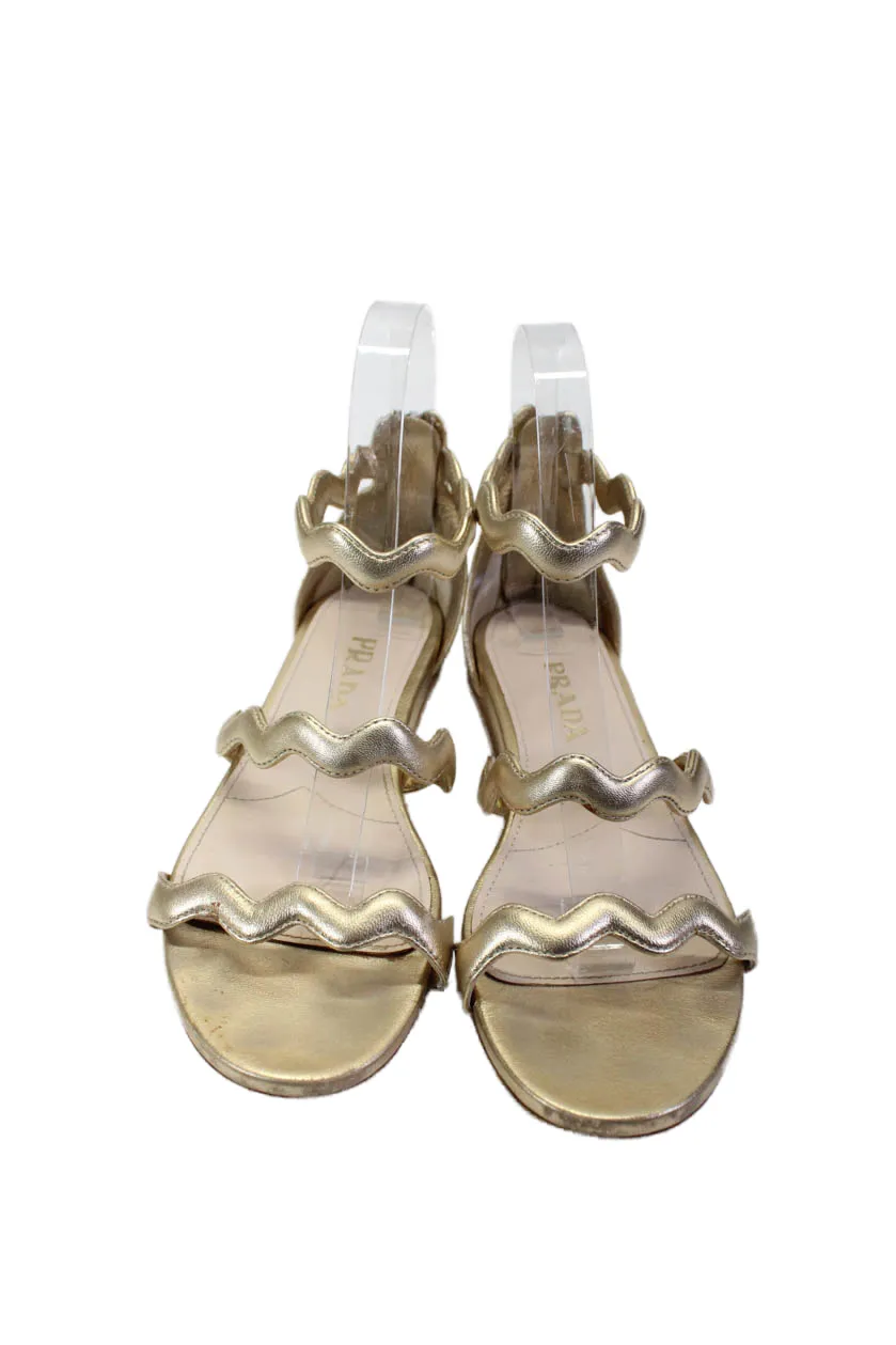 Prada Women's Open Toe Strappy Zip Closure Flat Sandals Gold