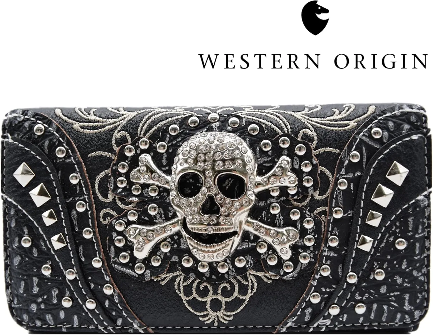 Punk Gothic Rock Metallic Skull Day of the Dead Floral Sugar Skull Leather Purse Women Handbag Shoulder Bag Wallet Set