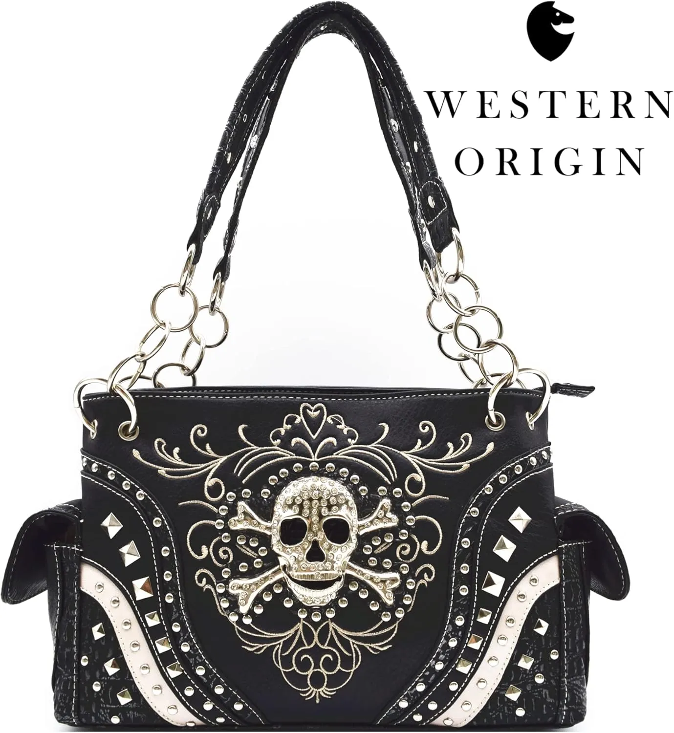 Punk Gothic Rock Metallic Skull Day of the Dead Floral Sugar Skull Leather Purse Women Handbag Shoulder Bag Wallet Set