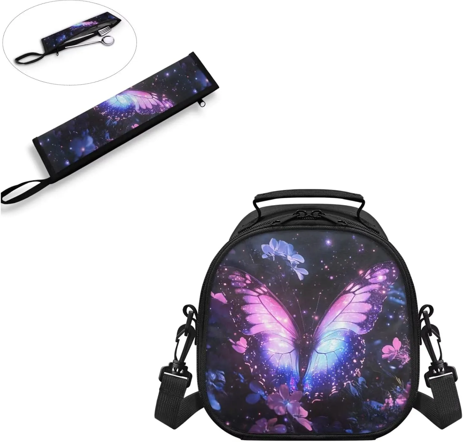 Purpel Butterfly Kids Lunch Bag Small Crossbody Lunch Tote with Adjustable Strap Tableware Box for Straw Spoon Fork Chopsticks 2 Pack Lunch Box Bag for School Travel