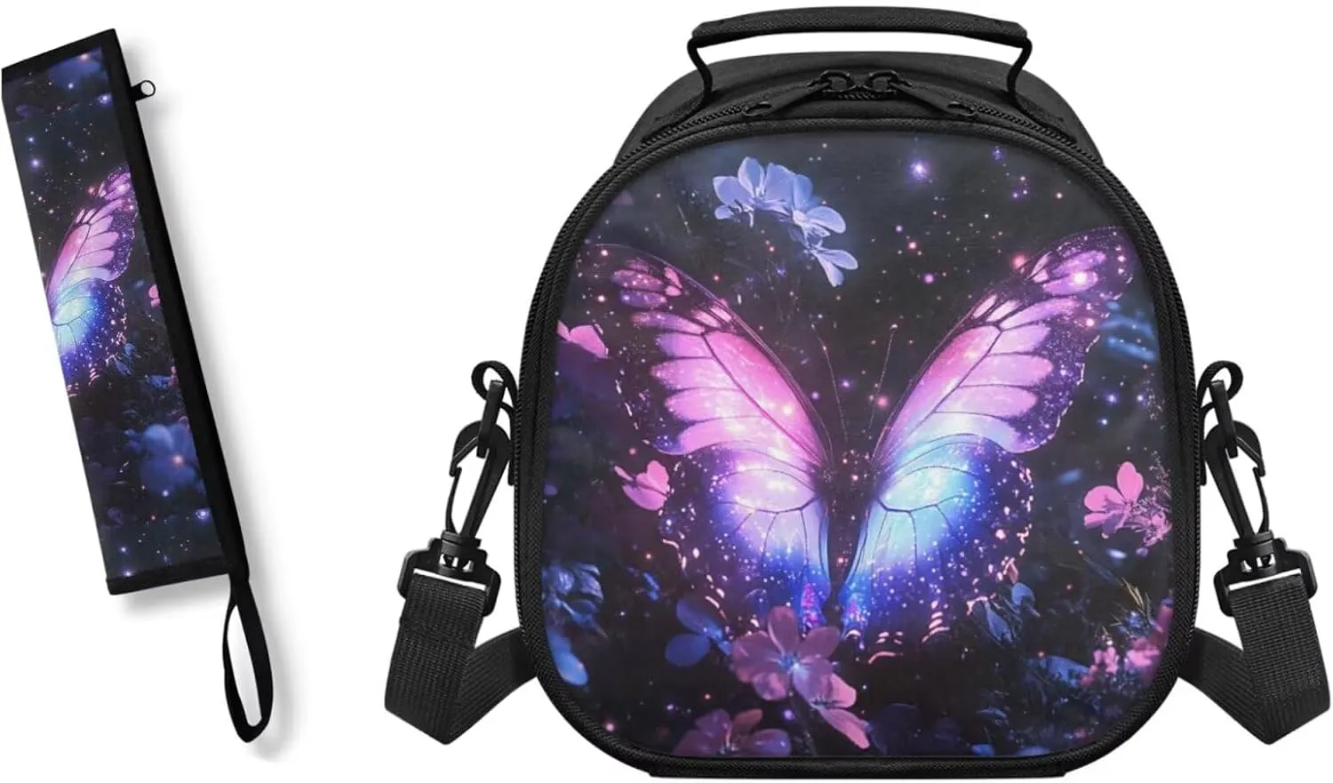 Purpel Butterfly Kids Lunch Bag Small Crossbody Lunch Tote with Adjustable Strap Tableware Box for Straw Spoon Fork Chopsticks 2 Pack Lunch Box Bag for School Travel