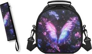 Purpel Butterfly Kids Lunch Bag Small Crossbody Lunch Tote with Adjustable Strap Tableware Box for Straw Spoon Fork Chopsticks 2 Pack Lunch Box Bag for School Travel
