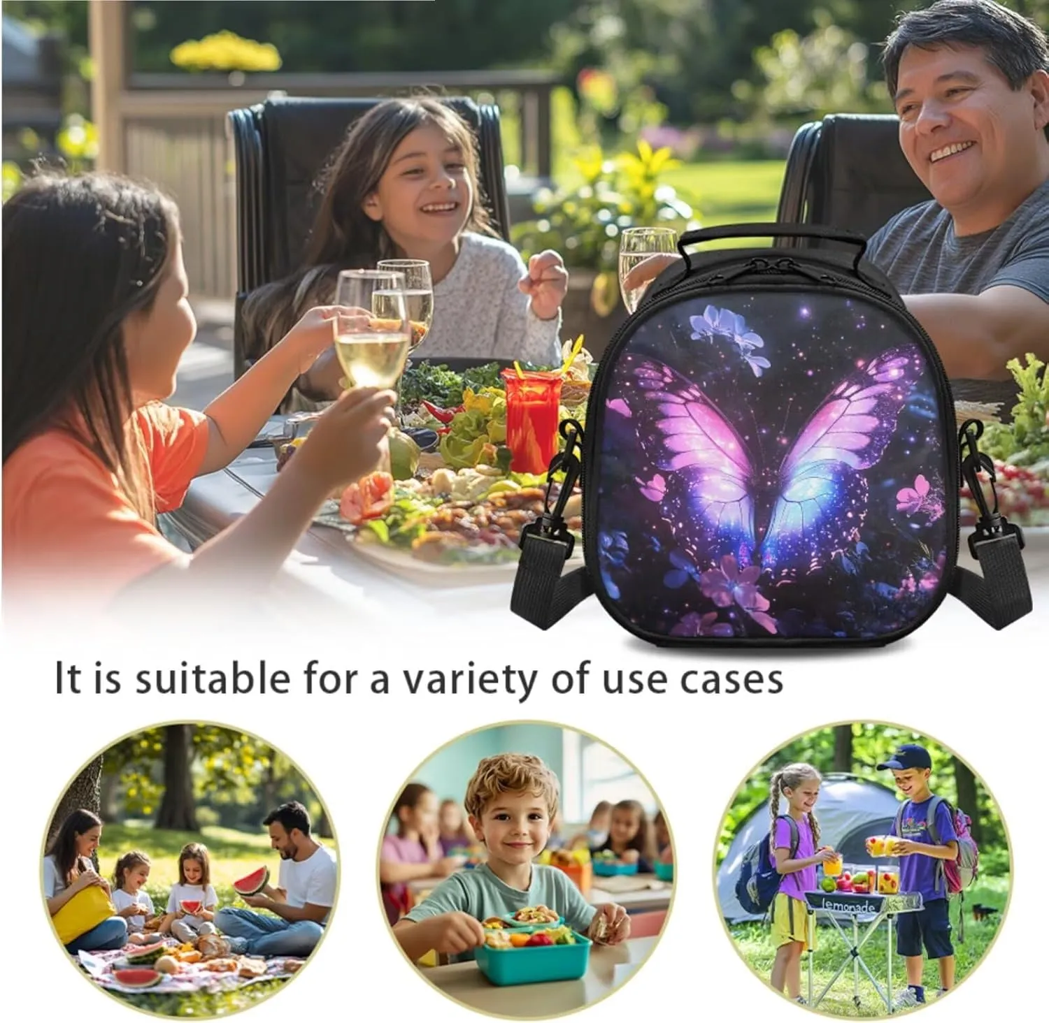 Purpel Butterfly Kids Lunch Bag Small Crossbody Lunch Tote with Adjustable Strap Tableware Box for Straw Spoon Fork Chopsticks 2 Pack Lunch Box Bag for School Travel
